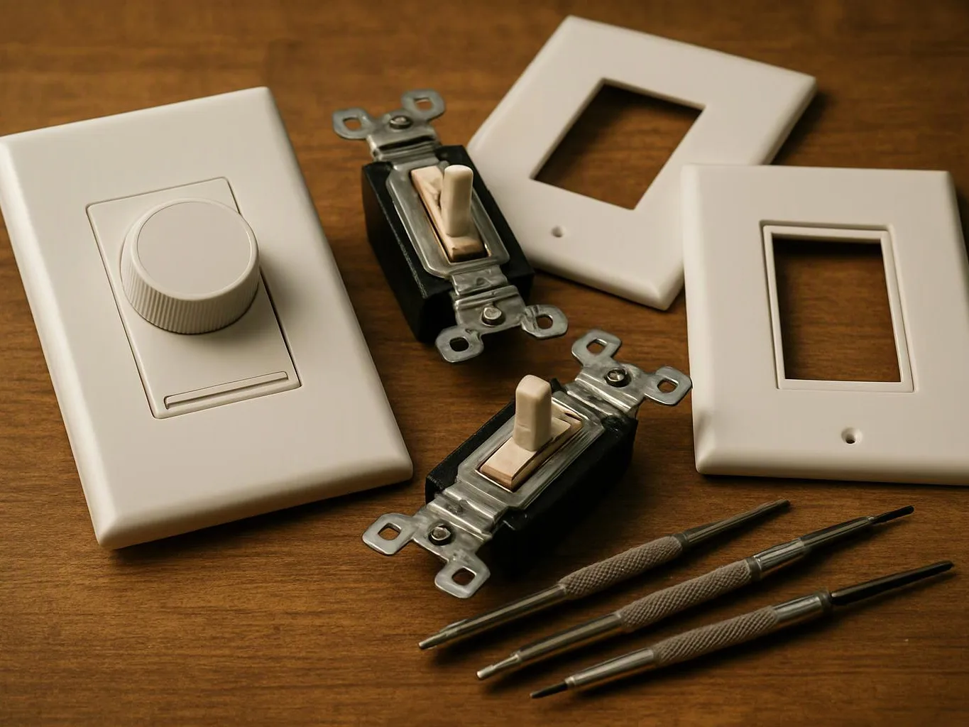 White dimmer switch parts and wall plates with small screwdrivers lie on a wooden tabletop