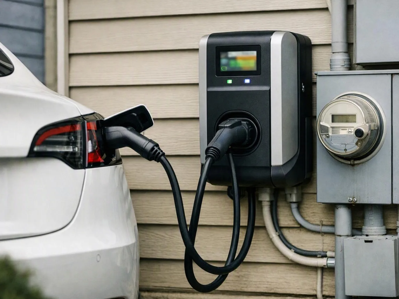 A white electric car is plugged into a wall charging station beside house siding and electrical meters