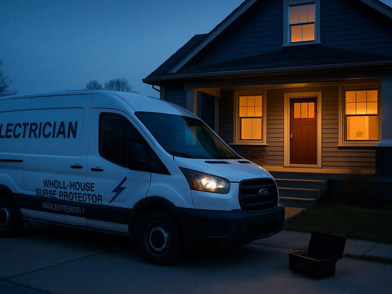 A white electrician van sits by a lit house at dusk, with a small open box on the driveway