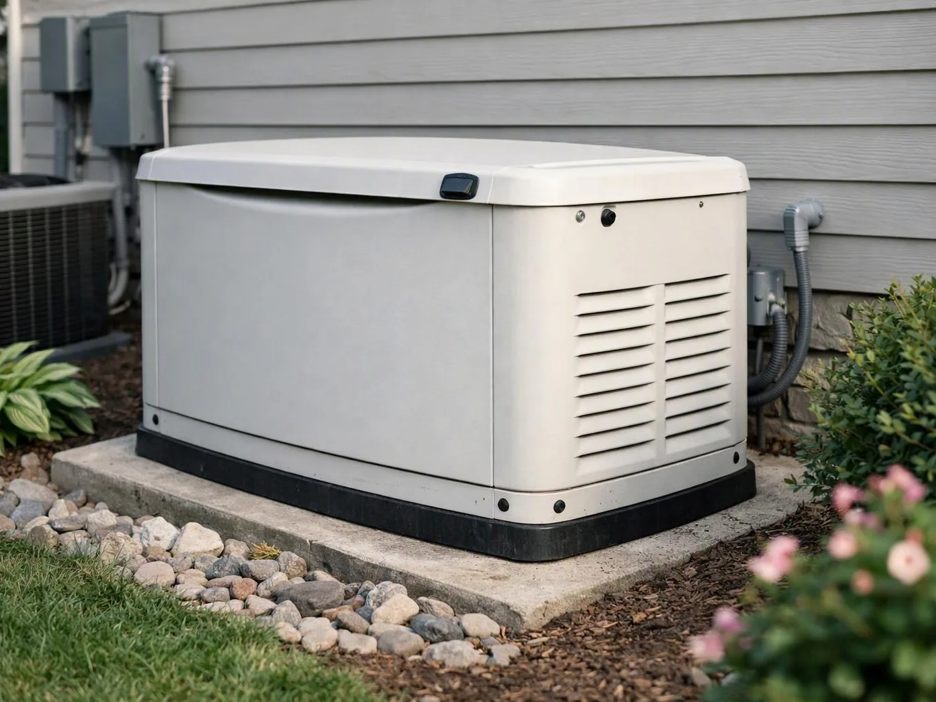 A white home generator sits on a concrete pad beside gray siding and garden rocks