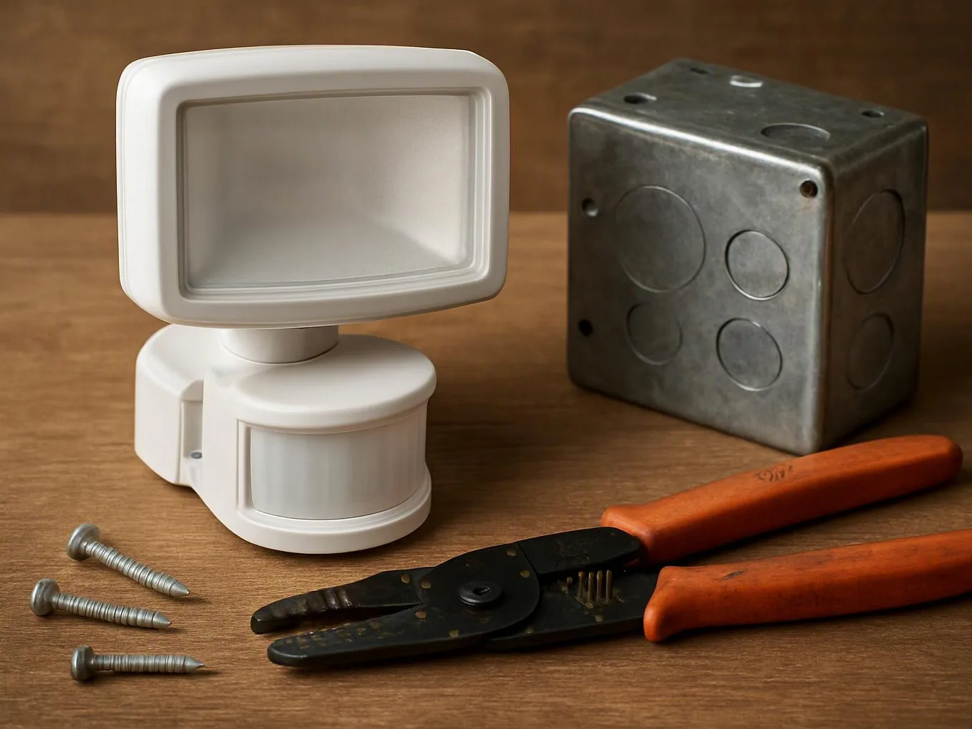 A white motion sensor, metal electrical box, screws, and wire stripper rest on a wooden surface