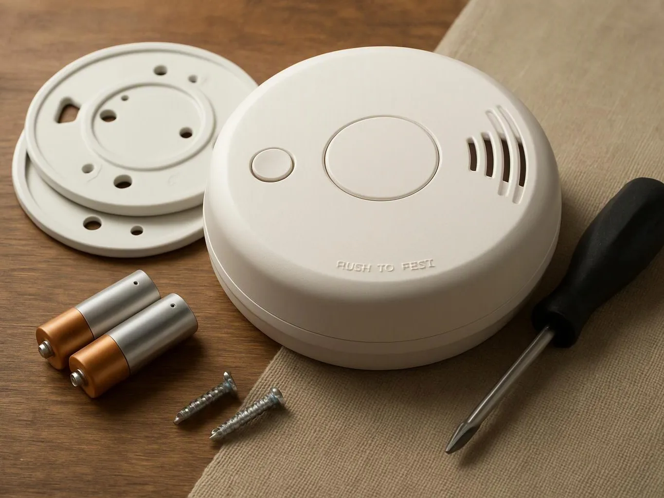 A white smoke alarm sits beside mounting plates, batteries, screws, and a screwdriver on a wooden table
