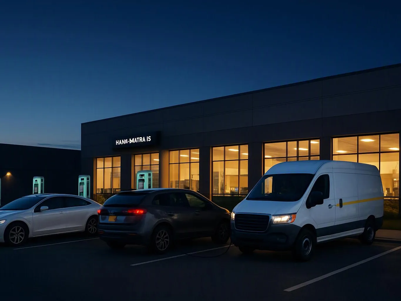 A white van, two cars, and charging stations sit outside a lit building at dusk