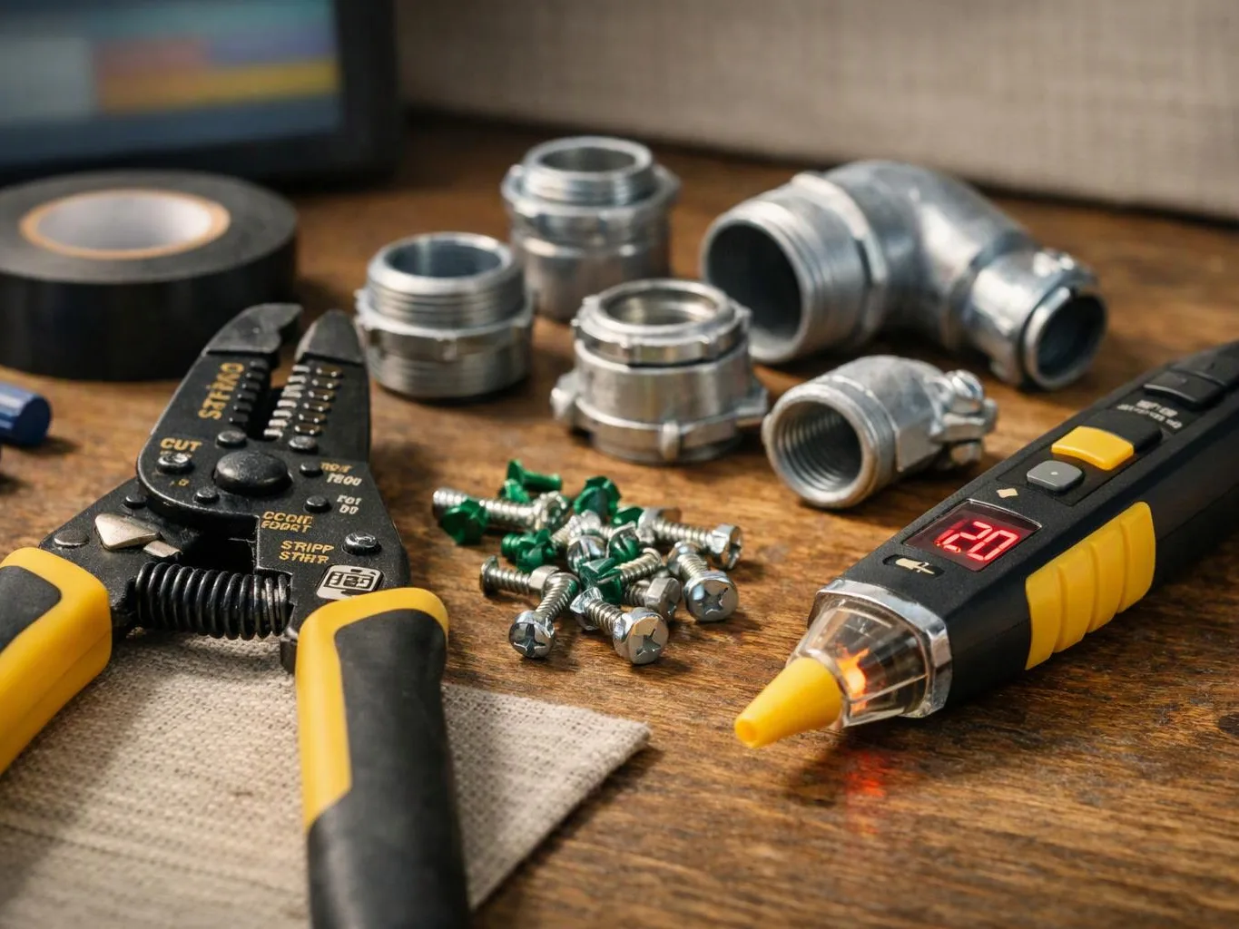 Wire strippers, a voltage tester, conduit fittings, and screws sit on a wooden workbench