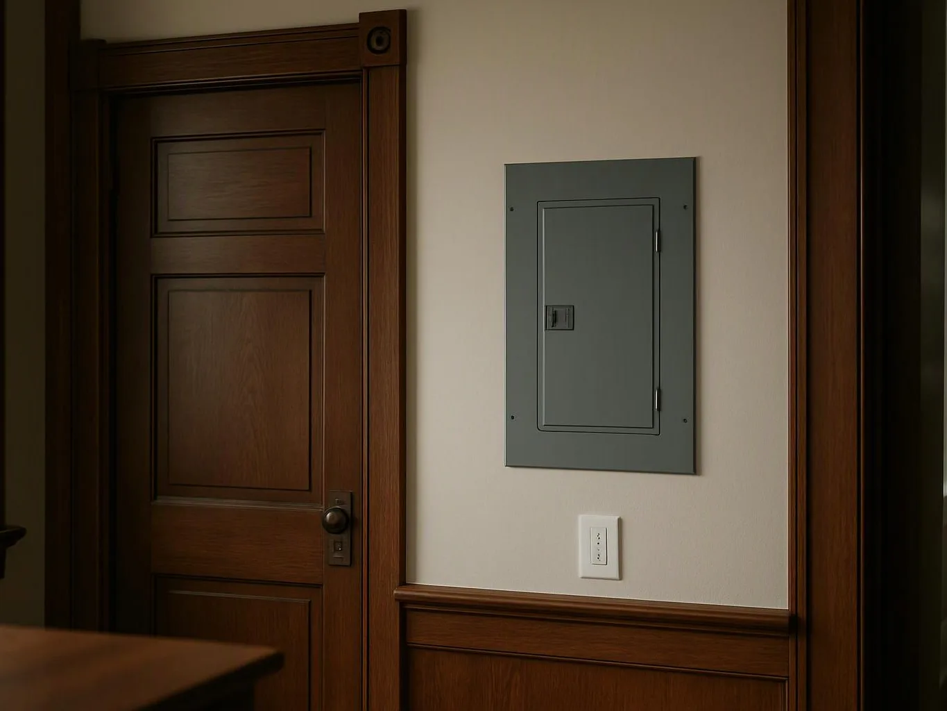 A wooden door and gray electrical panel sit on a beige hallway wall with trim and a light switch