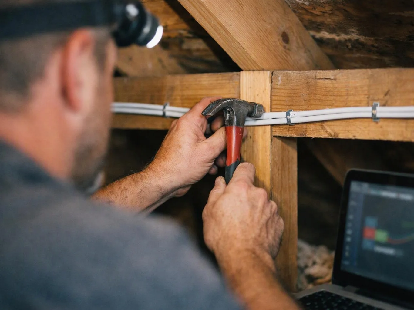 A worker in a headlamp hammers a white cable onto wooden beams in an attic