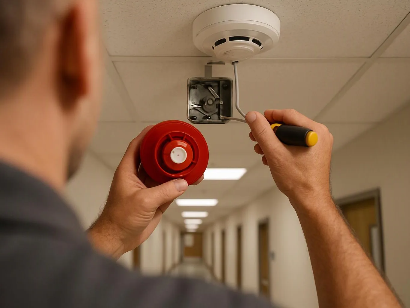 A worker installs a ceiling smoke detector in a hallway, holding the sensor cover and a screwdriver