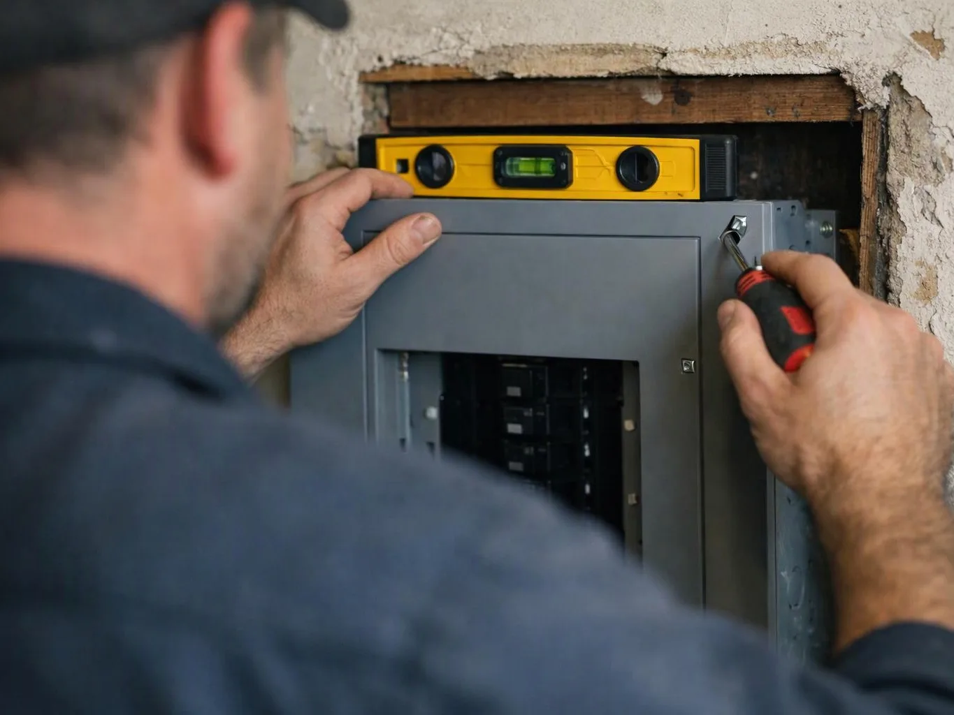 A worker installs an electrical panel, using a screwdriver and level on a wall opening