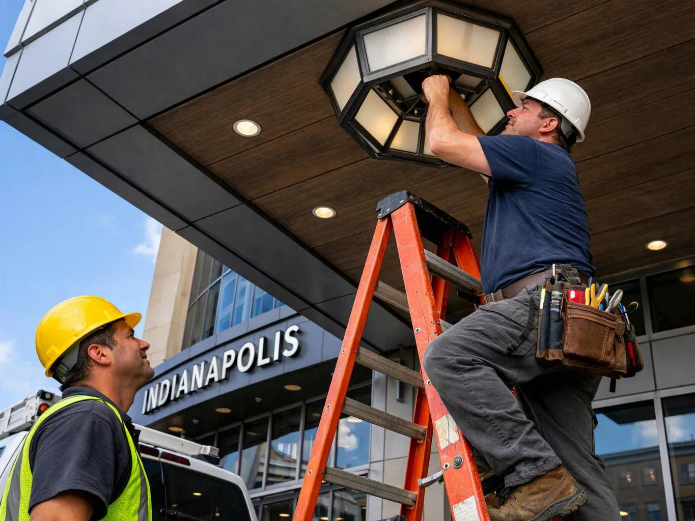 A worker on a ladder repairs a ceiling light while another worker watches outside a building entrance