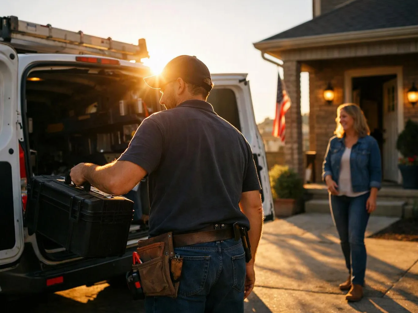A worker loads a black toolbox into a white van while a woman stands near a house at sunset