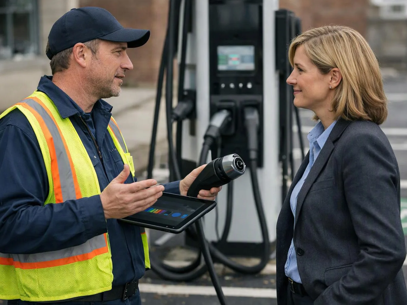 A worker in a safety vest talks with a woman beside an electric vehicle charging station