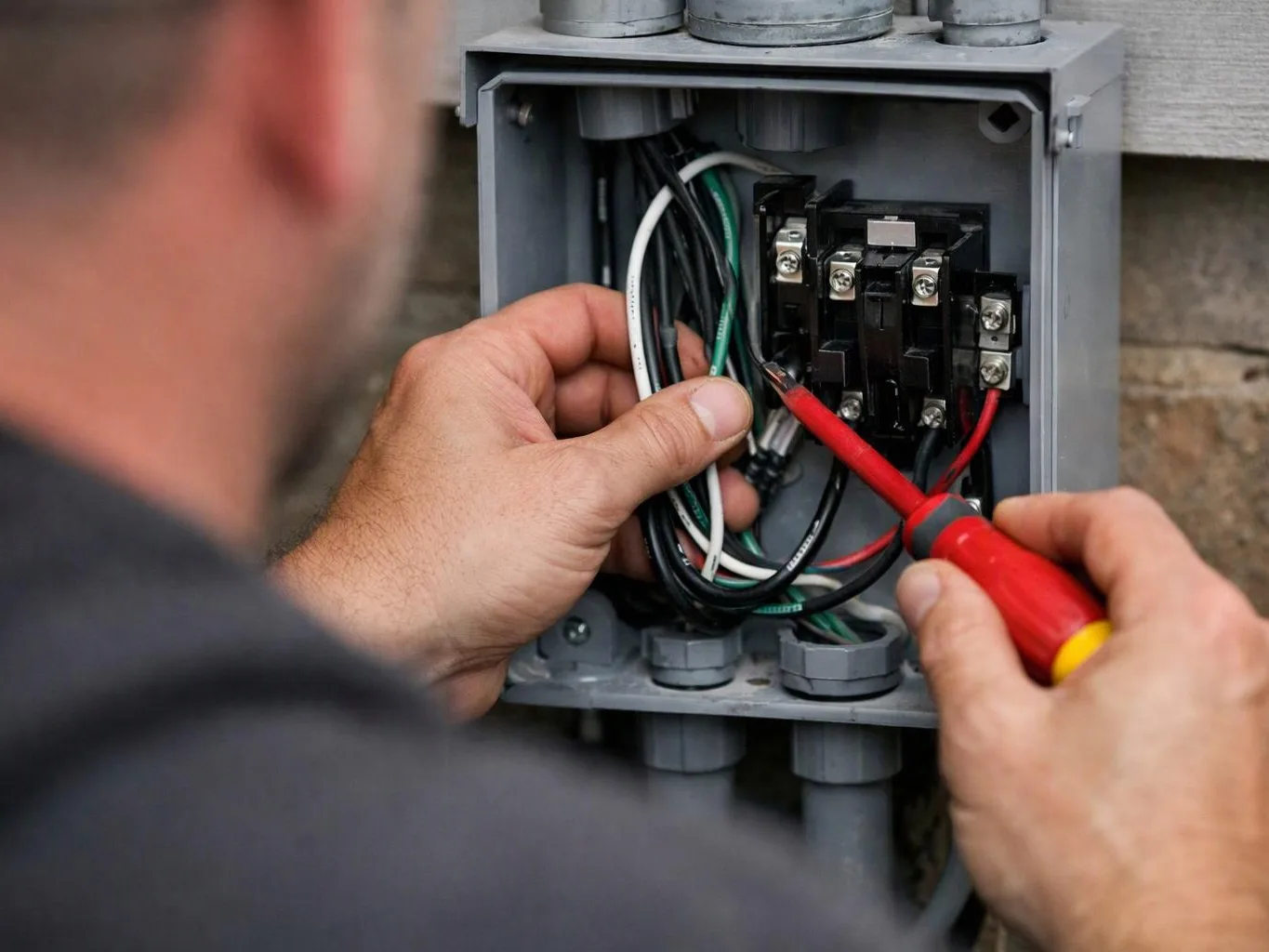 A worker uses a red screwdriver to adjust wires inside an open electrical junction box