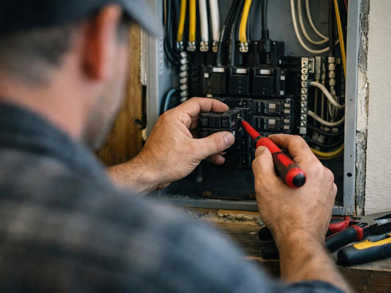 A worker uses a red screwdriver to adjust wiring inside an electrical breaker panel