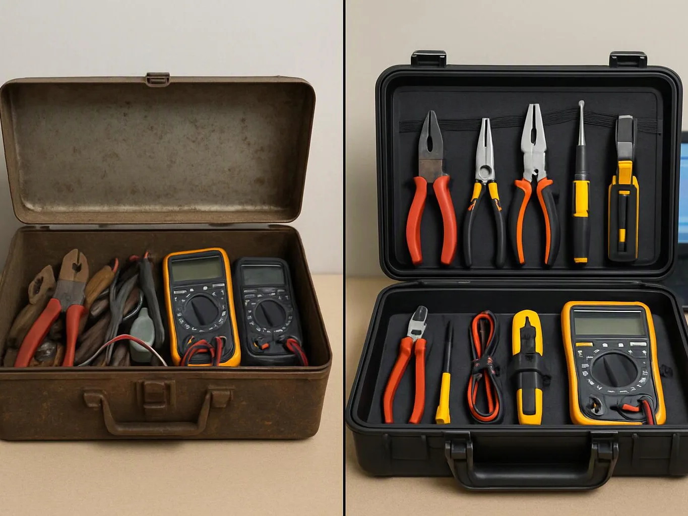 A worn metal toolbox and a new black case each hold pliers, cutters, probes, and multimeters